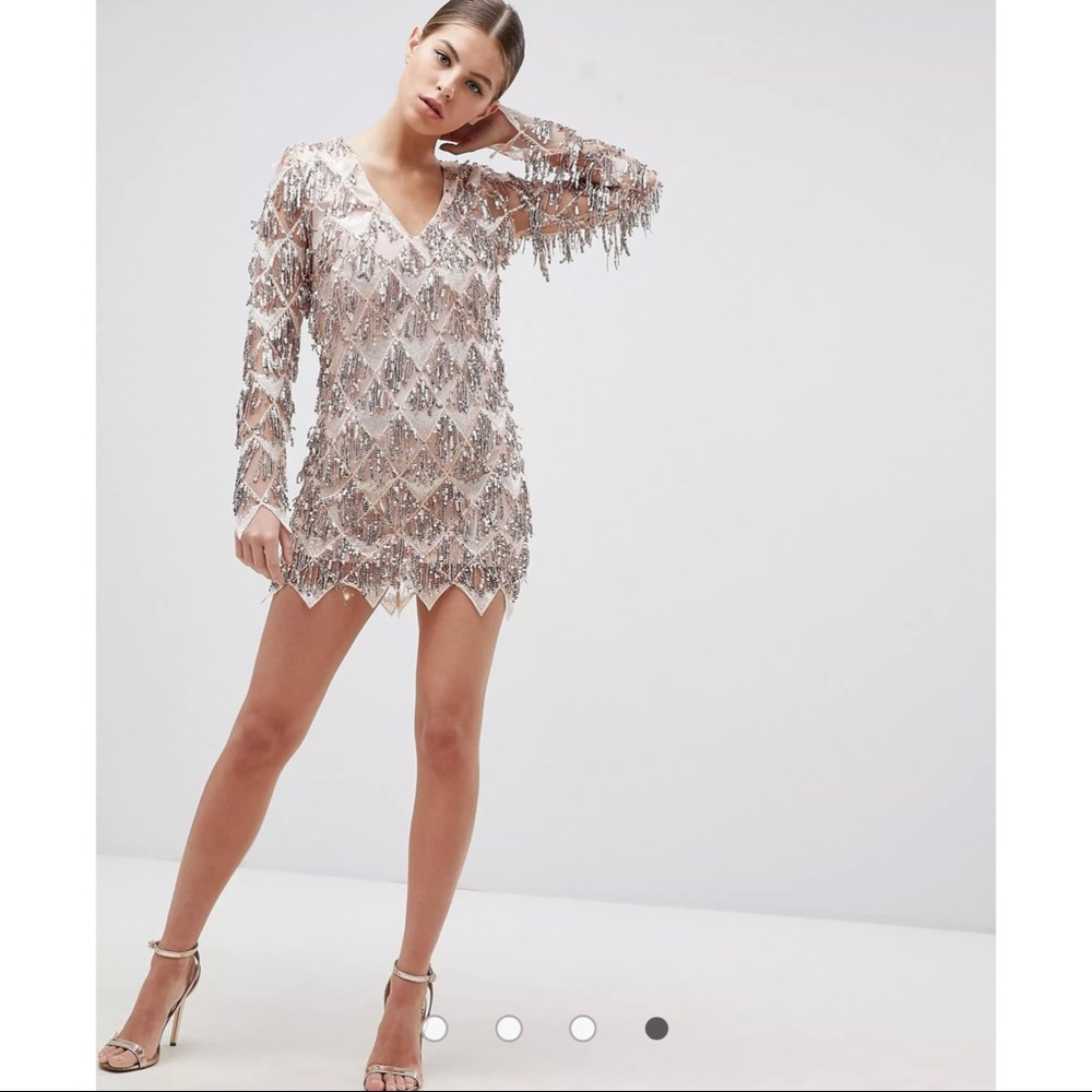 Club L Long Sleeve Tassel Fringe Sequins Plunge Bodycon Dress (Brand New)